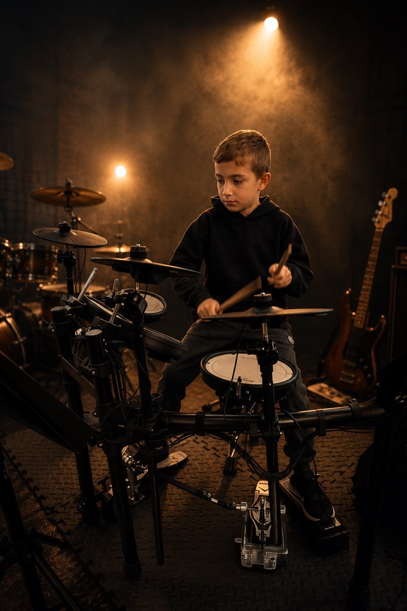 Estudiante tocando batería en District Arts Academy