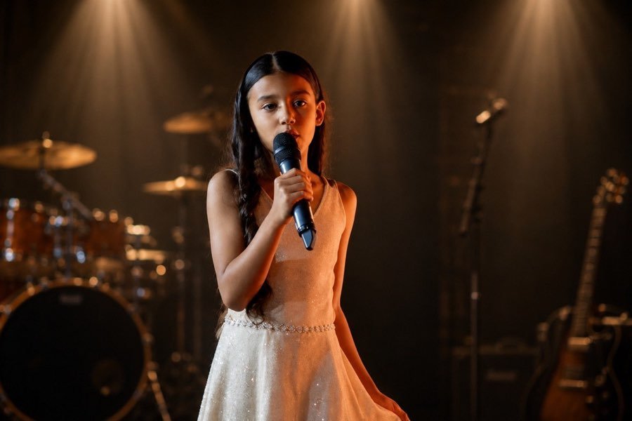 Estudiante cantando en el escenario de District Arts Academy
