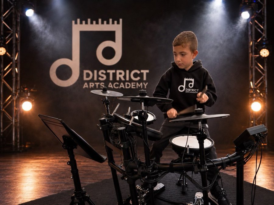 Estudiante de District Arts Academy tocando batería en el estudio